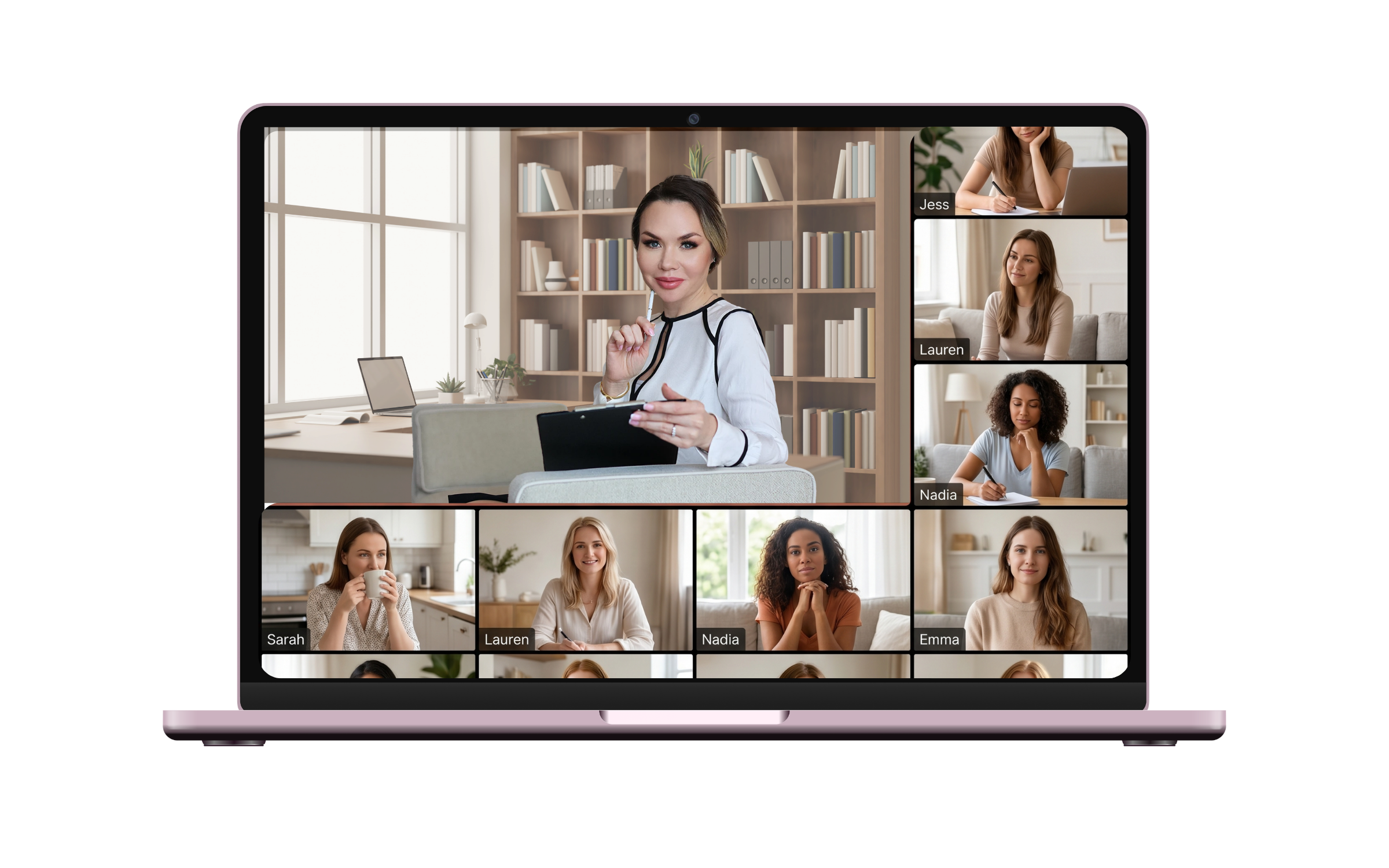 Laptop mockup showing the Femininity Awakening member area with the five video chapters laid out